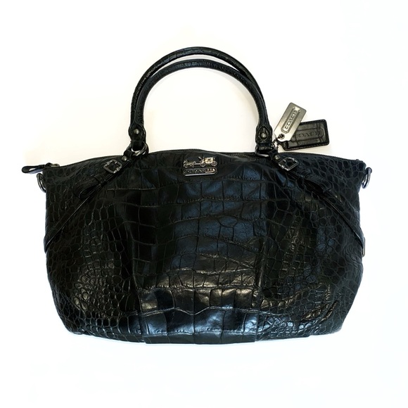 COACH BLACK CROC PRINT LEATHER ZIP CLOSURE TOP HANDLE SILVER BUCKLE PURSE BAG - Picture 1 of 12